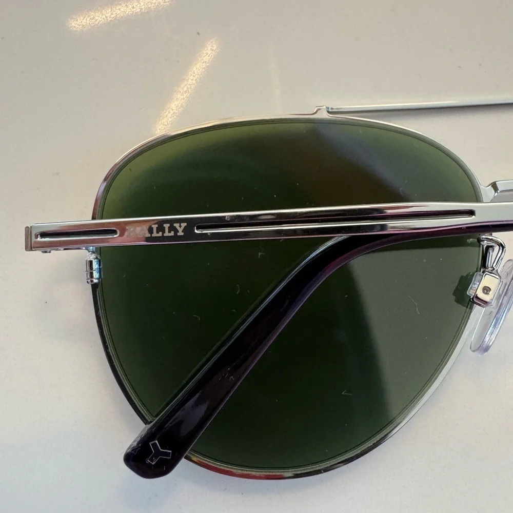 BALLY Italy Silver Aviator Sunglasses - Dark Green Lens